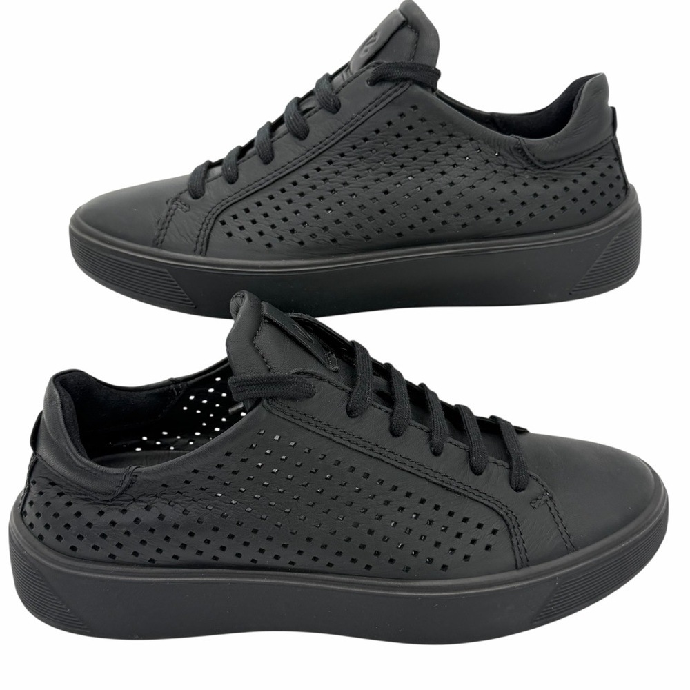 Ecco Street Tray Leather Perforated Black Sneakers - Picture 8 of 16
